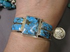 48g Navajo Running Bear Kingman Turquoise Sterling Silver Cuff Bracelet Signed    