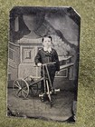 Old Vintage Antique 1880 Tintype Photo Young Girl Boy Big Wheel Bicycle Tricycle