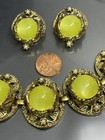 Vtg Greenish Moonglow Lucite Goldtone Panel Bracelet Clip On Earring Set Read