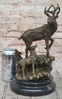 Signed Original Male Stag With His Baby Fawn Bronze Sculpture Marble Base Statue