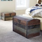 Wooden Storage Trunk Set Large And Small Domed Chest Weathered Wood With Pain   