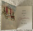 Unused Christmas People Deer Church Walk In Snow Vtg Greeting Card 1950s 1960s