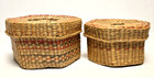 Vintage Wicker Rattan Small Nesting Hexagon Lidded Baskets Pink Green Orange