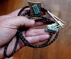 Old Navajo Handmade Sterling Silver   Turquoise Stones Bolo Tie Matching Tips