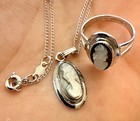 Vintage Sarah Coventry Sterling Silver Cameo Ring   Pendant Necklace Set Classic