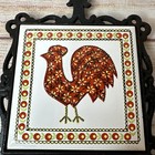 Vintage Cast Iron Tile Trivet Calico Red Floral Folk Art Rooster Hen Chicken
