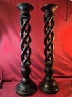 Vintage Pair 21  Hand Carved Wood Open Barley Twist Pillar Candle Holders Large