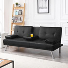 Faux Leather Futon Sofa Bed Modern Convertible Couch Sleeper 3 Armrest Cupholder