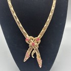 Gold Tone Serpent Snake Vtg Statement Necklace Herringbone Mcm Pink Rhinestones