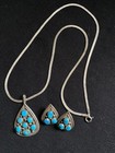 Sterling Silver 925 Turquoise Herringbone Chain Nugget Pendant   Earrings Set