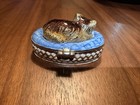 Monet Cat Metal Trinket Box Sleeping Cat On Blue Oval Cushion Collectible