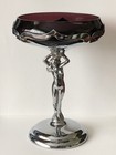Vintage Farber Bros Chrome Art Deco Nude Woman Stem Compote Purple Amethyst Bowl