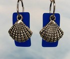 Sea Beach Glass Blue Dangle Earrings Sea Shell Surgical Steel Ear Wire Scallop 