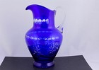 Vintage Bohemian Cobalt Blue Cut To Clear Crystal Pitcher   4 Tumblers - Rare