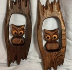 Vtg Handcrafted Wood Owl Decor Set Of 2 Wall Hang Bird Yellow Orange Eyes