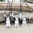 Carved Howlite Stone Totem Bears  Black Leather Cord Necklace  Handmade