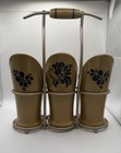 Vintage Pfaltzgraff Folk Art Flatware Caddy     3 Ceramic Holders W  Metal Stand