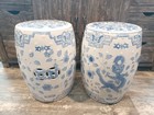 Pair Of Chinese Chinoiserie Blue And White Porcelain Garden Stools Side Tables