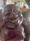 Chinese Vtg Lg Wood Carving Happy Laughing Buddha Statue Inlayed Teeth Eyes 9   