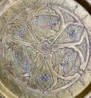 Antique Vintage Middle Eastern Islamic Brass W  Copper   Silver Inlay Tray 13   