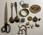 Vintage Junk Drawer Lot Pins Spoons Coins Patch Bracelet Etc  