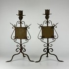 Pair Of Old English Wrought Iron   Decorative Tiles Arts   Crafts Candleholders