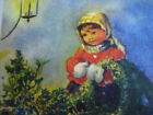Unused 1940s Vintage Greeting Card Christmas Little Girl W  Wreath   Holly