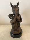 Delaware Park Bronze Equestrian Race Horse And Jockey Embrace Sculpture