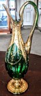 Antique Bohemian Moser Green Crystal Ewer Pitcher Vase Gilt Enameled  11 