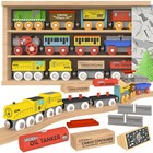 12 Pcs Wooden Train Set - Magnetic Toy Cars  Storage Box   Tunnel - Kids   Toddl