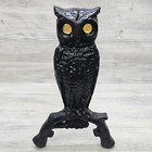 Vintage Cast Iron Owl Andirons Glowing Yellow Glass Eyes Fireplace Firedogs Pair