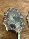 Vintage 3 Piece Silverplate Vanity Set W  Mirror Comb Brush Painted Pink Roses