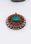 Handcrafted Tibetan Turquoise   Coral Silver Sterling Ghau Pendant