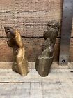 Pair Of Hand Carved Wood Sculpture Tribal African Art Head Statues Figures Bust