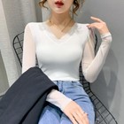 Women V Neck Mesh Shirt Basic Tee Sheer Long Sleeve Tops Bottoming Blouse Slim