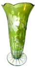 Bohemian Green Glass Vase With Etched Daisies Flower Scalloped Edge antique