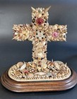 Antique Victorian Shell Art Cross In Glass Dome