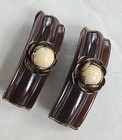 Vintage  Carved Pair Brown Bakelite Shoe Scarf Dress Clips W  Flower Design