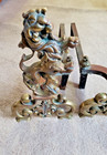 Pair Antique 19th C Rampant Lion Brass Figures Fireplace Andirons W Iron Holders