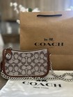 Coach Signature Logo Shoulder Bag Brown beige Zip Silver Chain Strap Small