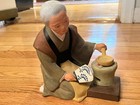 Rare Vtg Japanese Hakata Urasaki Clay Doll Old Woman Cooking W fan