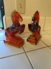 Vintage L e  Smith Rearing Horse Glass Bookends Pair Red amberina