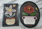 Mexican Folk Art Relief Carved Wood Painted Plaque Set Flower Butterfly Oval