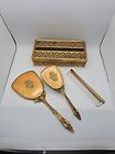 Vintage Ornate Gold Tone Vanity Dresser Set Mirror Comb Brush   Tissue Box