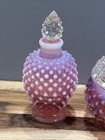Vintage Fenton Cranberry Opalecsent Hobnail Powder Jar   2 Perfume Bottles