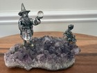 Pewter Wizard Holding Clear Crystal Ball On  Amethyst Rock Geode Base - Vintage