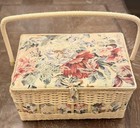 Vintage 1970s Large Wicker   Floral Tapestry Sewing Basket With Handle