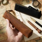 2-pack Leather Pencil Pouch Zipper Pen Case Stationery Box Makeup Bag