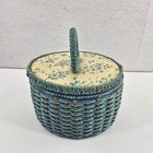 Vintage Dritz Round Woven Wicker Sewing Basket Box W Handle-blue Floral