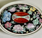 Chinese Kuang Famille Rose Noir Oval Covered Bowl Raised Flower On Black 9 1 8 